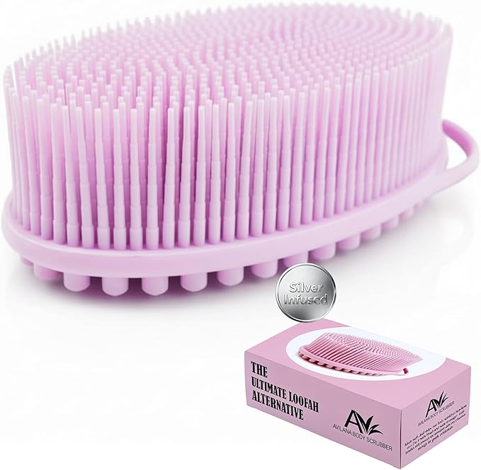 Silver Infused Silicone Body Scrubber Shower - Gentle Back Scrubber Soft Bristles - Avilana Premium Dual Sided Bath Brush Massage - Advanced Material Loofah Alternative - Gift Women Men