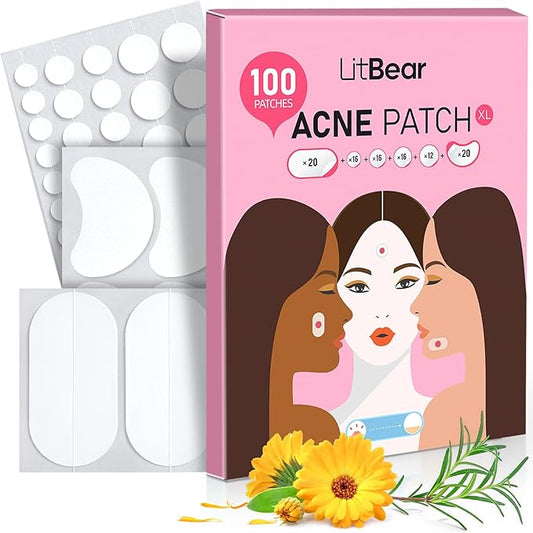 LitBear Large Acne Pimple Patches, 6 Sizes 100 Patches for Large Breakouts, Acne Patches for Face, Chin or Body, Acne Spot Patch with Tea Tree & Calendula Oil, Hydrocolloid Bandages for Acne Skin