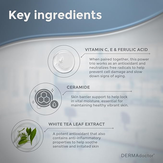 DERMAdoctor Ceramide Serum Skin Barrier Cream, Dermatologist Formulated Vitamin C Face Cream with Ferulic Acid + Vitamin E Oil; Ceramide Moisturizer Skin Barrier Repair for Sensitive Skin - 2.0 oz