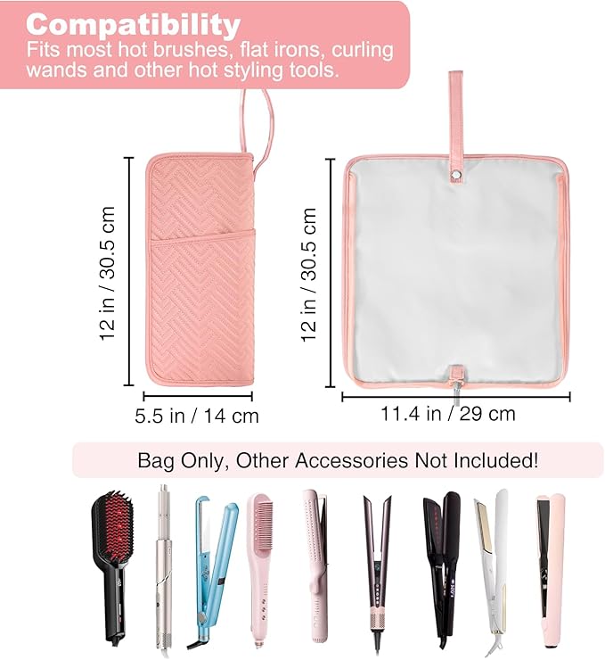 SITHON Hot Iron Holder & Mat, Heat Resistant Hair Tools Travel Bag Portable Hot Tools Organizer Cover Pouch for Curling Irons, Flat Irons, Hair Straightener and Styling Tools (Bag Only) (Pink)