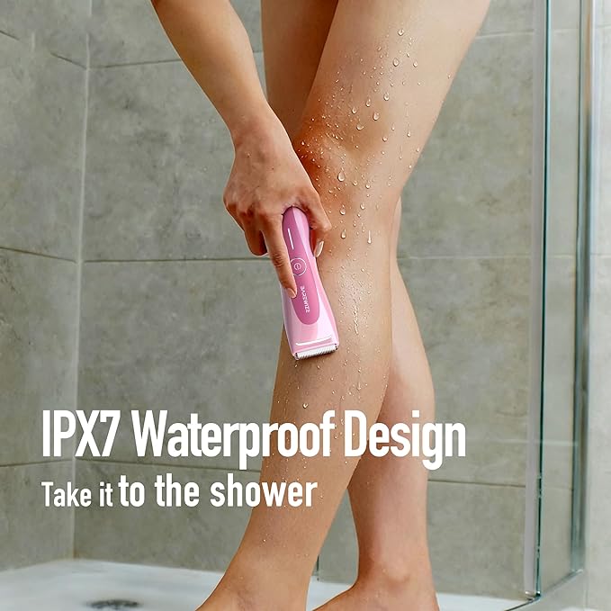 BAREWlZE Bikini Trimmer for Women, Pubic Hair Trimmer | LED Light, IPX7 Waterproof, USB-C Rechargeable, Replaceable Ceramic Blade | Electric Razors for Women, Electric Body Hair Shaver (Petal Bonbon)