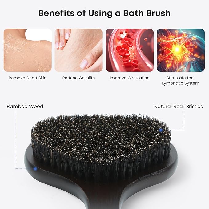 Bamboo Back Scrubber with Curved Long Handle, 17.3 Inches Exfoliating Shower Brush with Extra Stiff Bristles for Men and Women, Back Washer Body Exfoliator for Bath or Dry Brushing