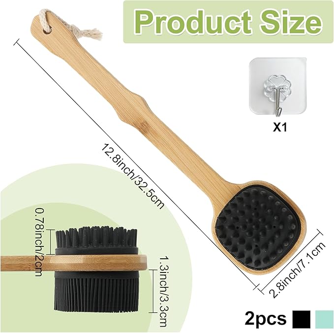 Silicone Back Scrubber for Shower, 2 PCS Silicone Bath Body Brush Loofah with Long Handle, Dual-Sided Shower Brush for Body, Exfoliating Body Scrubber Back Washer for Men Women(Lake Blue +Black)
