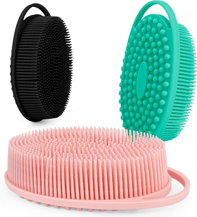 Soft Silicone Body Scrubber 3 PCS Silicone Body Shower, Silicone Loofah 2 in 4 Bath and Shampoo Brush, Body Scrubber Shower Cleaning Exfoliating Use for Sensitive Skin, Lather Well, Black,Pink,Green