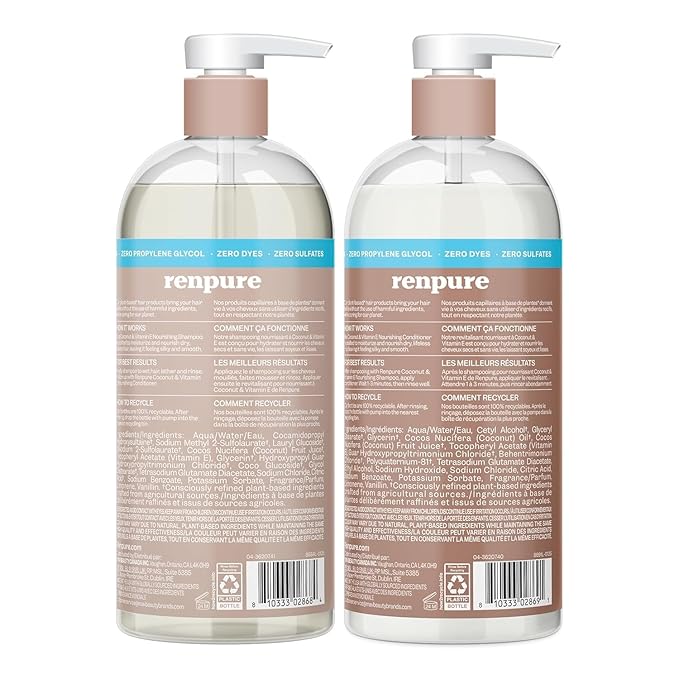 Renpure Coconut & Vitamin E Shampoo & Conditioner Set, Plant-Based – Nourishes & Seals In Moisture For Soft, Healthy Hair – For Dry, Lifeless Hair – Coconut Oil & Vitamin E - 24 Fl Oz each, 2 Pack