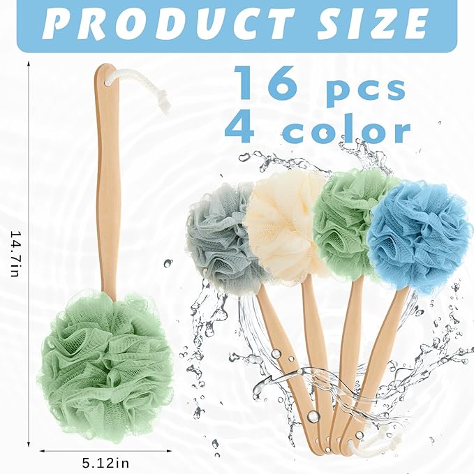 LemonRoad 16 Pcs Large Bath Body Back Brush Loofah on a Stick with Long Handle Back Scrubber for Shower PE Body Bath Sponge Soft Spa Mesh Brush Wash Exfoliating Luffas for Men Women
