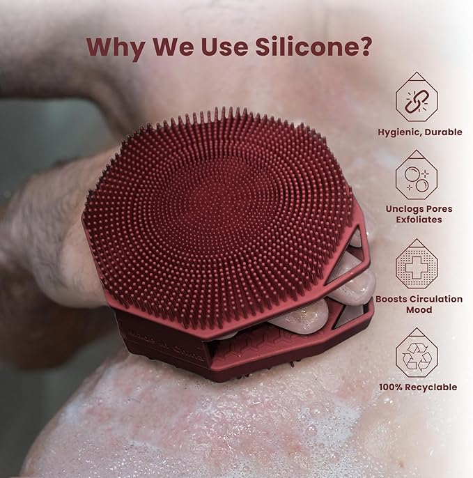 iTokGoK® Premium Silver-Infused Double-Sided Design 2-in-1 Silicone Body Brush Scrubber,Body Buffer Scrubber for Sensitive Skin, Ergonomic No-Slip Handle, Long-Lasting & Easy to Clean - Burgundy
