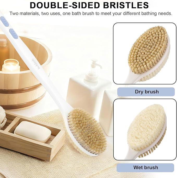 Back Scrubber for Shower with Long Handle, Exfoliating Bath Brush for Body - Double Sided Bristles (Stiff & Soft), Anti-Slip Grip, Lightweight - Gift for Seniors, Includes Lanyard & Hook, Blue