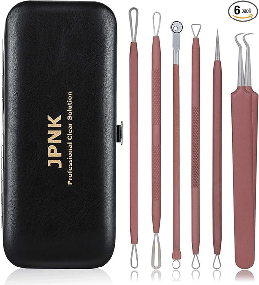 JPNK Blackhead Remover Tool Comedones Extractor Acne Removal Kit for Blemish, Whitehead Popping, 6 Pcs Zit Removing for Nose Face Tools with a Leather Bag (Pink)