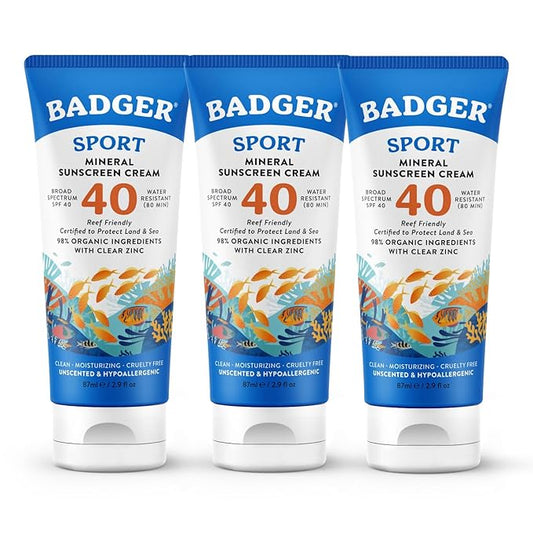 Badger Reef Safe Sunscreen, Unscented SPF 40 Sport Mineral Sunscreen, 98% Organic, Water Resistant Zinc, Approved for Hawaii & Mexico Reefs, 2.9 fl oz, 3-Pack