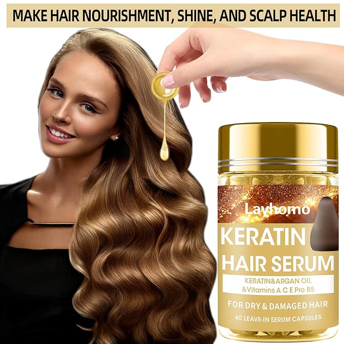 Keratin Hair Treatment Serum,Hair Serum Treatment for Dry Damaged Hair,Hair Oil Capsules with Keratin,Argan Oil-Leave-in Anti Frizz Conditioner with Vitamins A, C, E & B5- No Rinse for All Hair Types