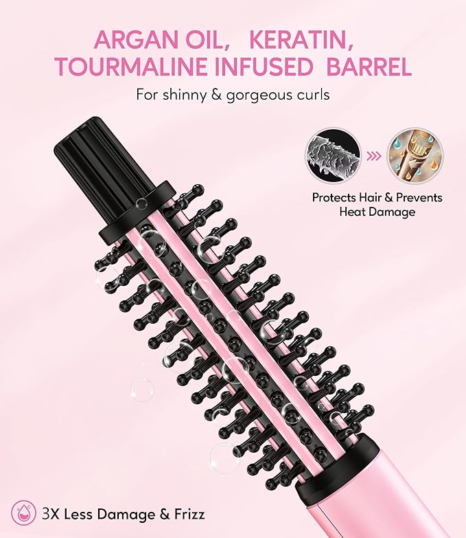 Farery Mini Thermal Brush 3 Temperature Adjustable, 3/4 Inch Travel Curling Iron for Short Hair, Heated Round Brush for Touch ups and Small Curls, Travel Size Curling Wand, Dual Voltage, Pink