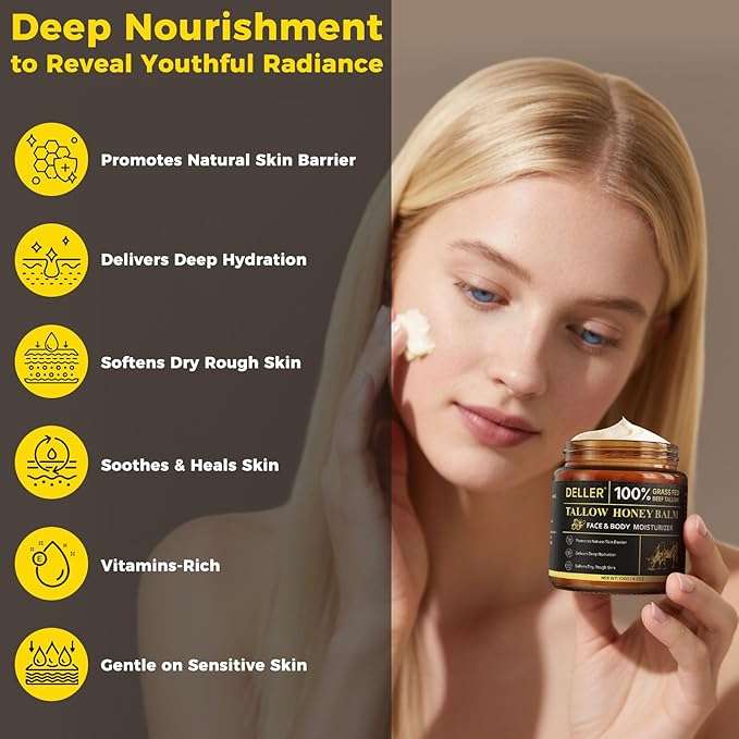 4.2 OZ Beef Tallow for Skin Face, Grass Fed Beef Tallow with Honey Bee Venom Cream Natural Tallow and Honey Balm, Deep Hydration Tallow Face Moisturizer for Dry, Sensitive & All Skin Types