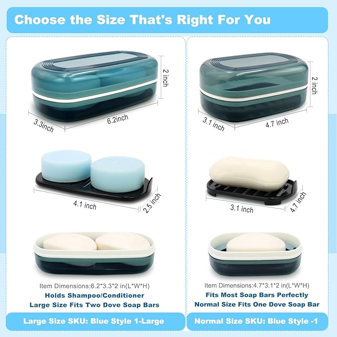 Solid Shampoo Bar Holder, Large Bar Soap Holder, Travel Soap Container, Soap Box with Draining Layer, Soap Case for Bathroom, Traveling, Gym, Camping (Blue Style-1-Large)