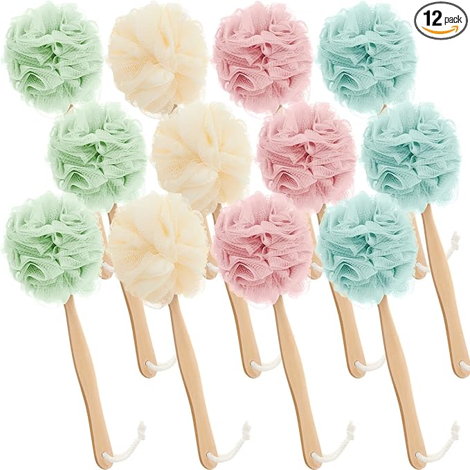 Tessco for you 12 Pcs Large Loofah on a Stick Shower Loofah with Long Handle Back Scrubber for Shower PE Body Bath Sponge Soft Spa Mesh Brush Wash Exfoliating Luffas for Men Women (Light Color)