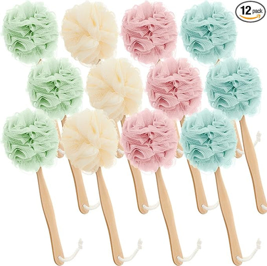 Tessco for you 12 Pcs Large Loofah on a Stick Shower Loofah with Long Handle Back Scrubber for Shower PE Body Bath Sponge Soft Spa Mesh Brush Wash Exfoliating Luffas for Men Women (Light Color)