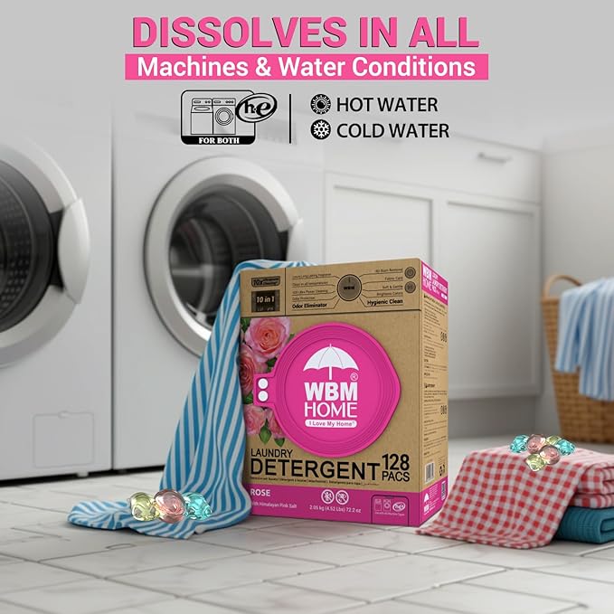 WBM 10-in-1 Laundry Pods, Total 128 Count, High Efficiency, Ultra Concentrate with Powerful Stain Lifter Technology, Fabric Softener With Rose Extracts, Detergent Pods