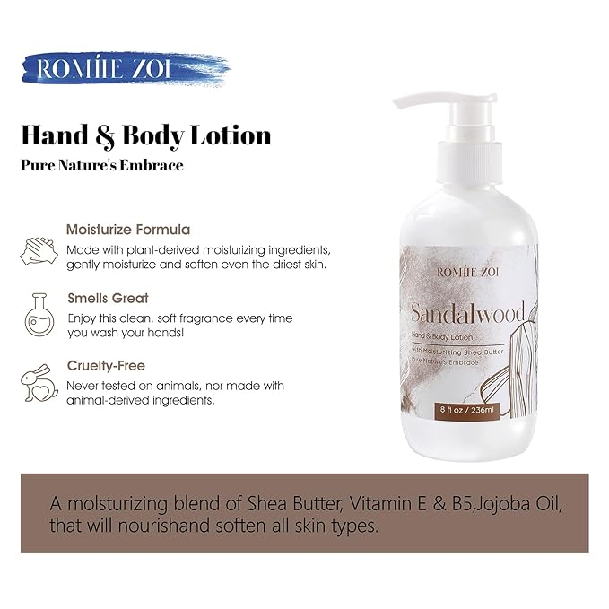 ROMIIE ZOI Daily Hand & Body Lotion with Moisturizing Shea Butter for All Skin Type- Sandalwood - 236 ML / 8 FL OZ