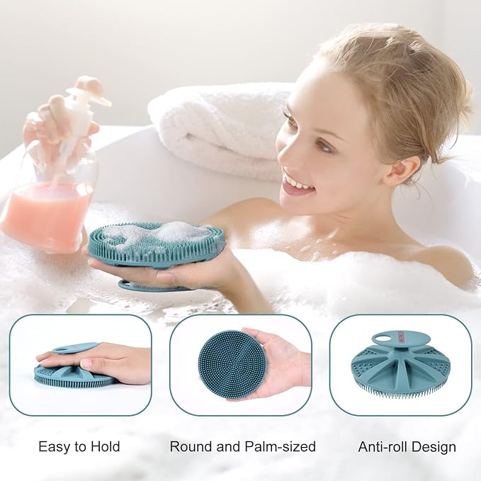 INNERNEED Food-Grade Soft Silicone Body Scrubber Shower Brush Handheld Cleansing Skin Brush, Gentle Exfoliating and Lather Well (Dark Green+Pink)