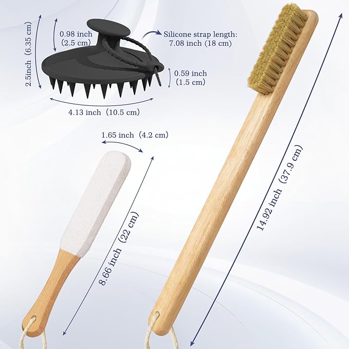 Manmihealth Silicone Back Scrubber & Soft Shower Brush, Silicone Scalp Massager, Wooden Foot Files Brush Set 7 PCS, Whole Body Scrubber & Shampoo Brush Combination, with 4 Free Hooks (Style 2 Black)