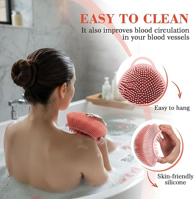 2 Pack Zinc Infused Silicone Body Scrubber for Shower, 2 in 1 Loofah Brush with Massage Nodes for Body Exfoliator, Hygienic, Blood Circulation, Black and Pink