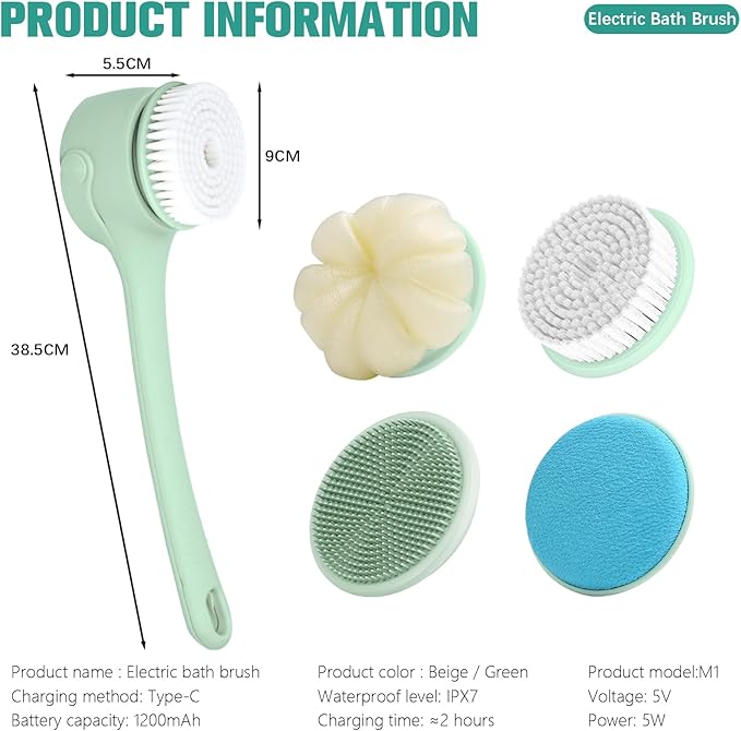 Electric Body Brush Back Scrubber for Shower, Waterproof Long Double-Handled Four-Head Electric Body Scrubber, Rechargeable Bath Brush, for Cleaning, Exfoliation and Skin Massage (Mint Green)