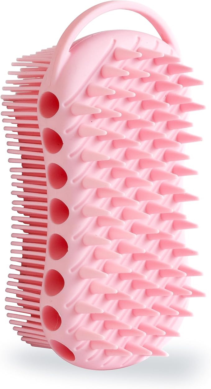 MtBoi Double-Sided Exfoliating Silicone Body Scrubber, 2-in-1 Bath Scrubber, Shampoo Brush, Silicone Loofah for All Skin Types, Shower Body Scrubber, Easy to Clean, Lather Well (Pink)