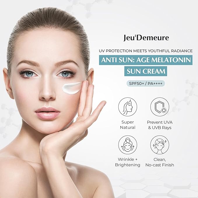 JEU'DEMEURE Anti-Aging SPF 50 Face Moisturizing Sunscreen Lotion with Broad Spectrum, Melatonin, Lightweight, Non-Sticky, Sun Essence for Sensitive Skin, 1.69 fl oz