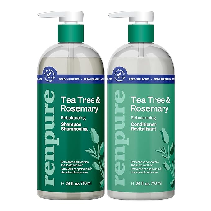 Renpure Tea Tree & Rosemary Shampoo and Conditioner Set, Plant Based - Refreshes & Rebalances Hair and Scalp - For Oily/Normal Hair - Tea Tree Leaf Oil, Rosemary Leaf Extract - 24 Fl Oz each, 2 Pack