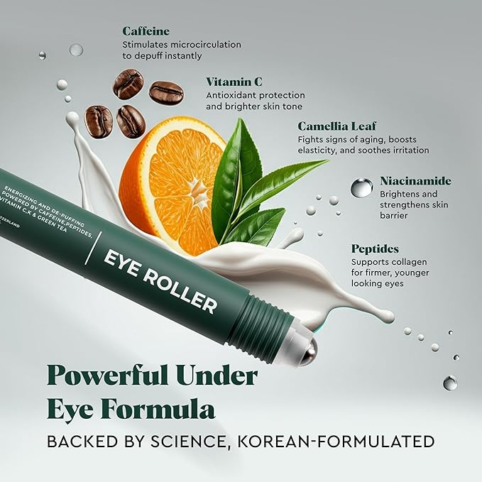 Wolf Project Under Eye Roller - Korean Beauty, with Caffeine, Vitamin C and Peptides - Energizing Serum for Dark Circles and Puffiness, Fine Lines, Wrinkles - Gel-Based Brightening Cream