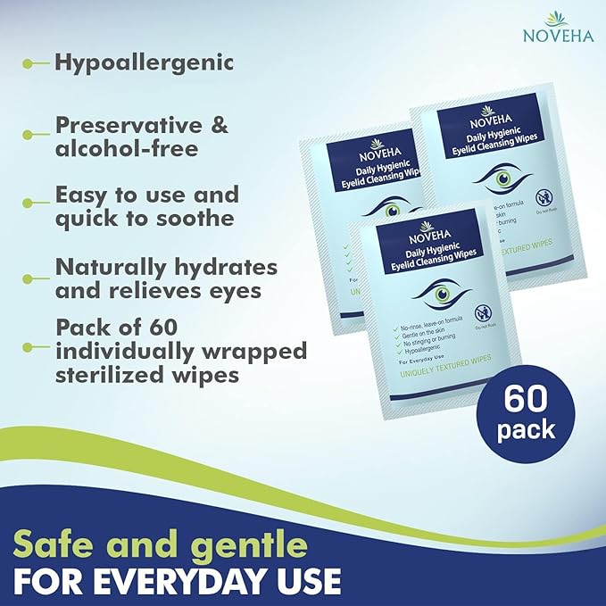 NOVEHA 120Pcs Daily Hygienic Eyelid & Lash Wipes | 120 Individually Wrapped Cleansing Eyelash Wipes - For Blepharitis & Itchy Eyes, Demodex and Natural Makeup Remover & Daily Cleanser (2 Pack)
