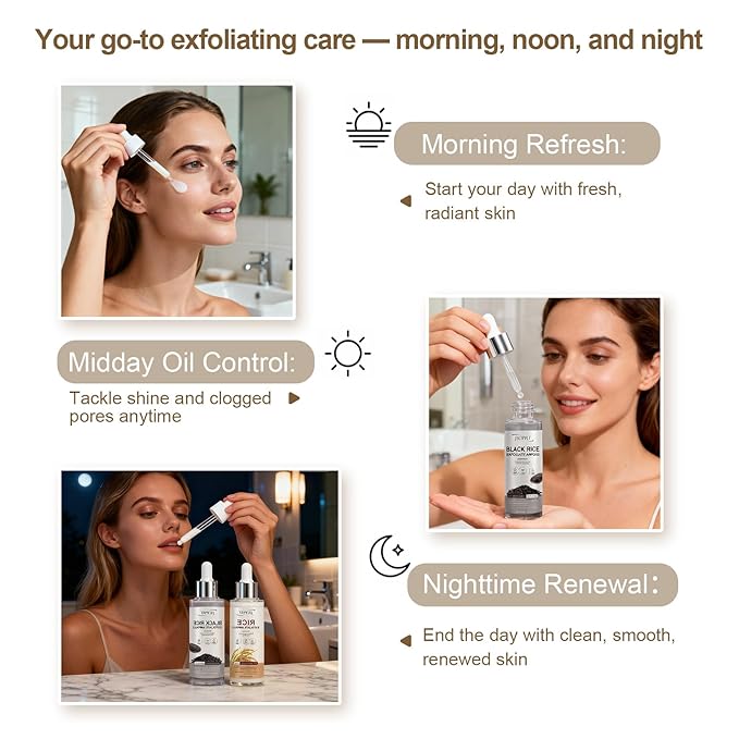 Glow White & Black Rice Exfoliate Ampoule - Peeling Shot Exfoliating Gel with Rice Extract - Gently Removes Dead Skin & Blackheads - for Morning & Night Facial Care for All Skin Types - 2 x 2.7 fl oz