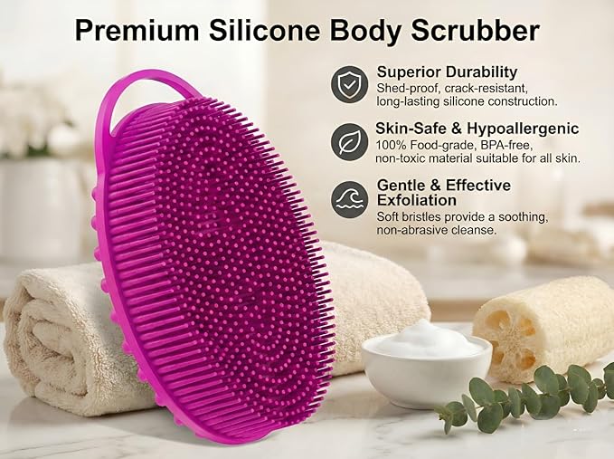 Silicone Body Scrubber, Exfoliating Loofah Alternative for Women Men, Soft Silicone Body Shower, 2 in 1 Bath and Shampoo Brush for Sensitive Skin, Back,Showering,Brush Exfoliator (Purple)