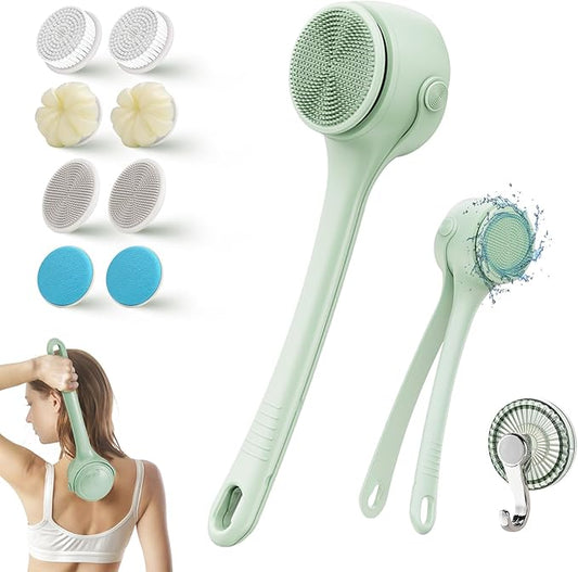 Electric Body Brush Back Scrubber for Shower, 8 Replaceable Heads and Hook, Long Handle, 2-Speed, Type-C Rechargeable, Waterproof, for Cleansing, Exfoliating and Massaging Skin（Green）