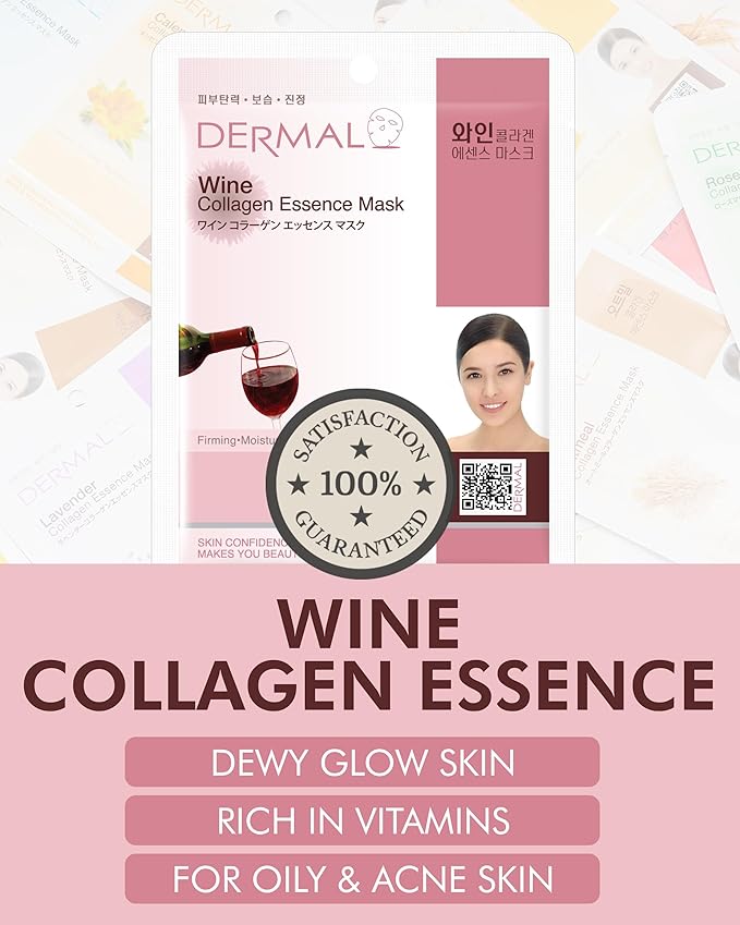DERMAL Wine Collagen Essence Facial Mask Sheet 23g Pack of 10 - Moisturizing & Firming for Tired Skin, Relieves Skin Stress, Daily Skin Treatment Solution Sheet Mask