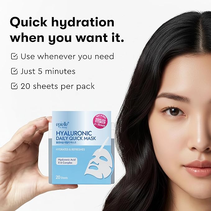 Epielle Hyaluronic Acid Korean Face Masks 20 Pack - 6x HA Complex Hydrating Sheet Masks for Anti Aging & Dry Skin, Stocking Stuffers for Women