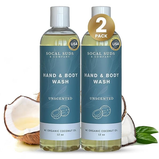 SoCal Suds & Company - 12oz Organic Soap Liquid, Gentle Hand & Body Wash, Body Wash for Men and Women, Made w/Organic Oils & Coconut Oil, Bath Essentials for All Skin Types - 2pk Fragrance-Free