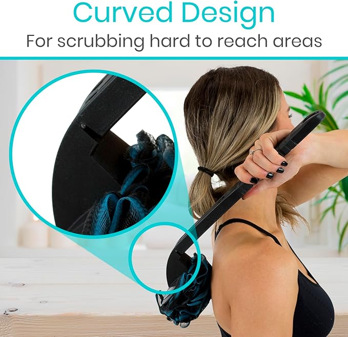 Vive Long Handled Loofah on a Stick - Mesh Back Sponge for Bath, Reusable w/Extra Pouf - Exfoliating Scrubber for Elderly & Disabled, Soft Loofa for Bathing Men & Women