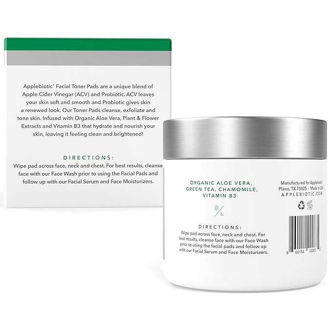 Applebiotic Toner Pads for Face - Exfoliating Face Wipes, for All Skin Types - Apple Cider Vinegar, Green Tea, 60 Pads