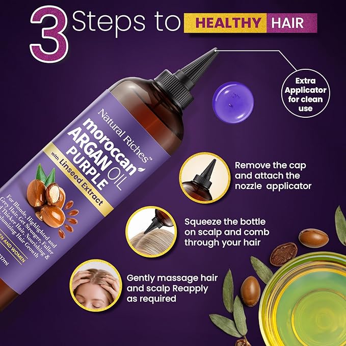 Natural Riches Purple Moroccan Argan Oil Hair Treatment with Linseed Extract, Anti-Brass Formula for Blonde, Silver, Platinum & Grey Hair Neutralize Yellow Tone, Smooths Frizz & Restore Shine 8 fl oz