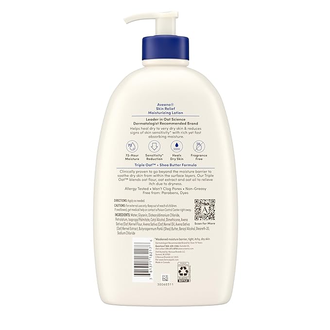 Aveeno Skin Relief Moisturizing Lotion Heals Very Dry, Sensitive Skin, Fast-Absorbing Body Lotion with Triple Oat & Shea Butter, Fragrance Free, Non-Comedogenic, Value Size, 33 fl. oz