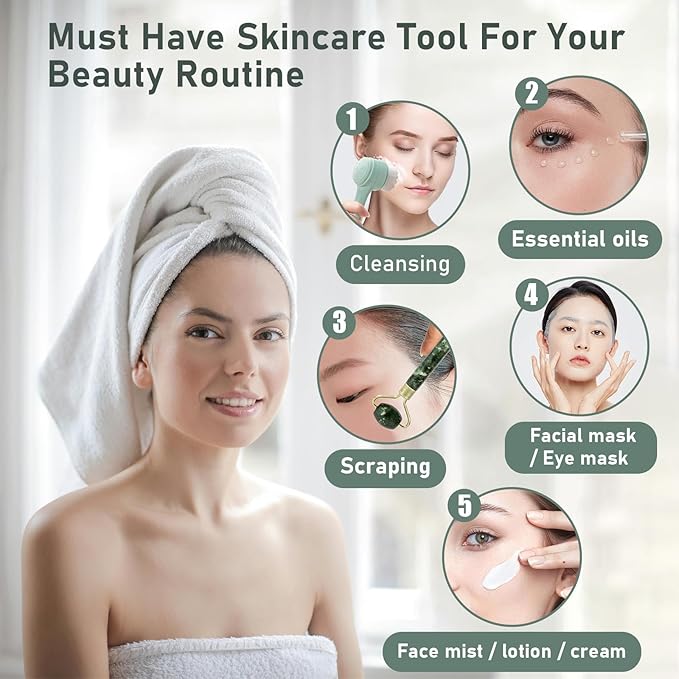 Face Brush 2 in 1, Silicone Facial Cleansing Exfoliating Brush Soft Bristles Pore Deep Cleansing, Jade Face Roller Skin Care Tools, Manual Dual Face Wash Scrub Brush Massaging Gift, Blue+Green