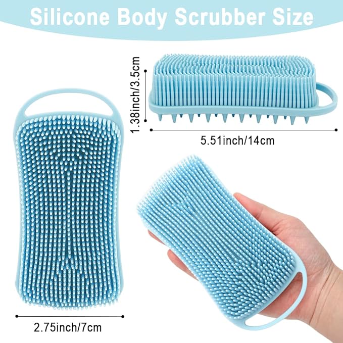 Silicone Body Scrubber, 2 in 1 Soft Silicone Loofah 2 Pack Exfoliating Body Scrubber Loofah for Women Men, Body Scrubber Shower Bath Shampoo Brush with Loop for Sensitive Skin Lather Well, Pink & Blue