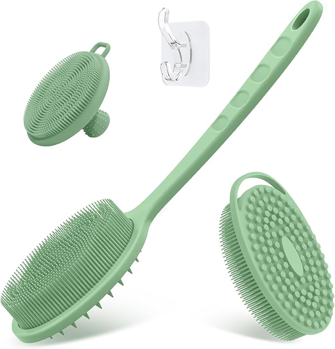 Silicone Back & Body & Face Scrubber Set 3PCS, Gentle Exfoliating Back & Body Scrubber with Dual-Side Brush Head, Hygienic Silicone Loofahs with Soft Bristle and Non-Slip Handle(Green-3PC)