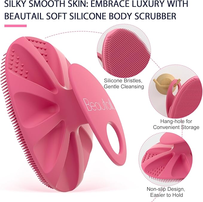 Silicone Body Scrubber Shower Bath Wash Brush Gentle Exfoliating Scrub Cleansing Loofah for Women Men Baby Sensitive Skin, Easy to Clean, Lather Nicely, More Hygienic, 1 Pack, Pink