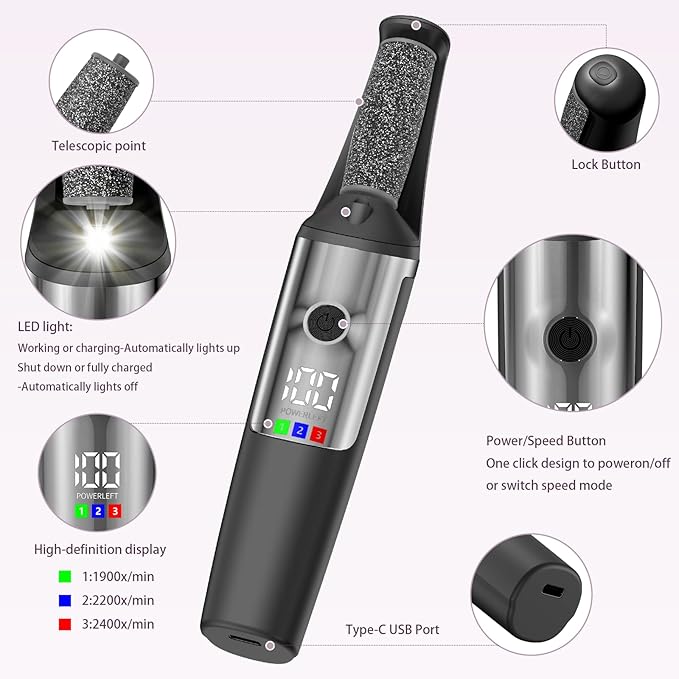 Electric Foot Callus Remover,Smooth Pedicure Wand Rechargeable Electric Foot File,Professional Pedicure Tools for Dry, Dead, Cracked, Hard Skin, at Home Feet Spa Care Kit for Men & Women
