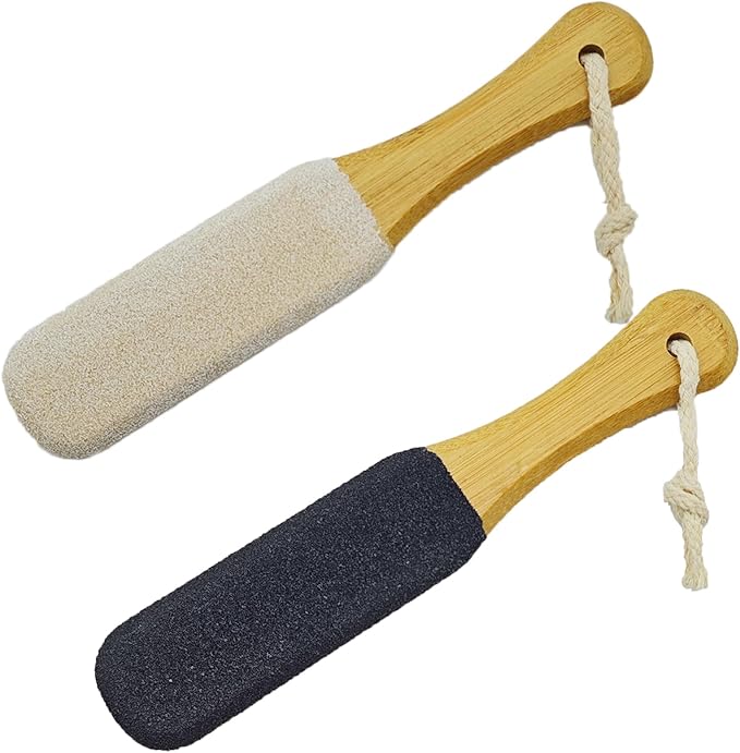 Pumice Stone Foot File, 2 Pack Wooden Pedicure Foot Scrubber Remover for Heels, Elbows, Hands in Shower, Professional Foot Rasp for Wet and Dry Feet, Foot Care Tools for Women Men（Black and White）