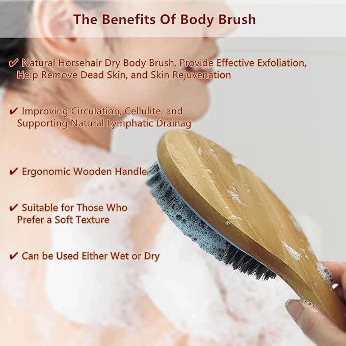Dry Brushing Body Brush, Natural Horsehair Exfoliating Body Scrubber Bath Brush with 9.8” Curved Wooden Handle for Shower, Gentle Skin Exfoliation, Cellulite and Lymphatic Improvement Gift
