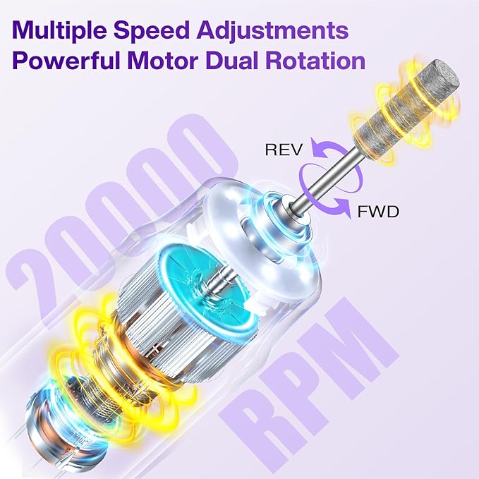 Professional Electric Nail Drill 2000mAH Portable Cordless Electric Nail File 10 in 1 Manicure Pedicure Kit ,5-Speeds Toe Nail Tools Hand Foot Care,Thick Toenail Grinder for Women Men Pets (Purple)