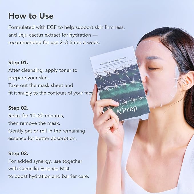 A'Prep Cactus EGF Skin Boost Mask (5 Sheets) – Hydrating & Nourishing Sheet Mask with Jeju Cactus Extract & EGF | Vegan-Certified for Sensitive Skin | Korean Skincare